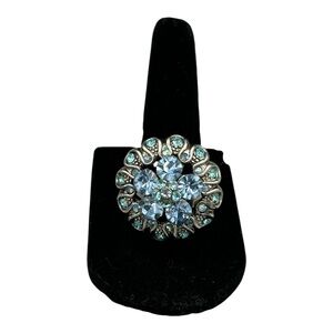 Blue Rhinestone Statement Ring Adjustable Silver Tone Cocktail Style
